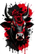 Bull head, black flowers and leaves tattoo design idea