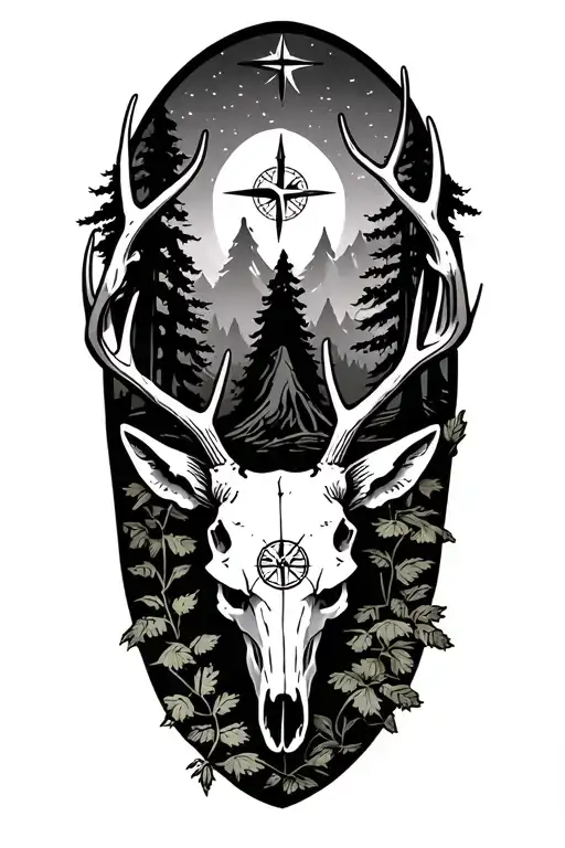 forest landscape surrounded by deer skull with compass tattoo design idea