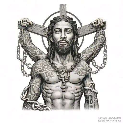 black Jesus on the cross chain and diamond earrings with tattoos on his body  tattoo design idea
