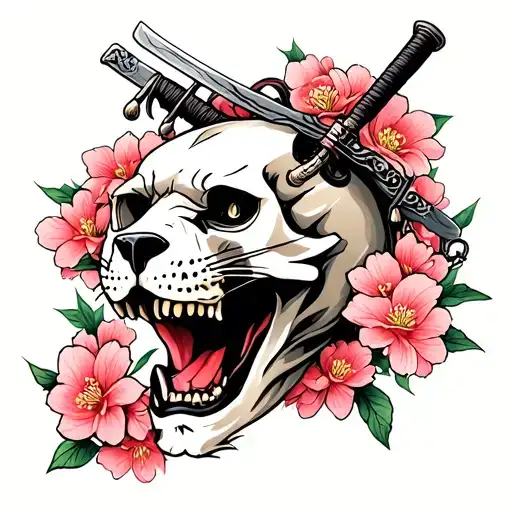 oriental panther skull with samurai sword piercing thru top of skull and cherry blossoms tattoo design idea