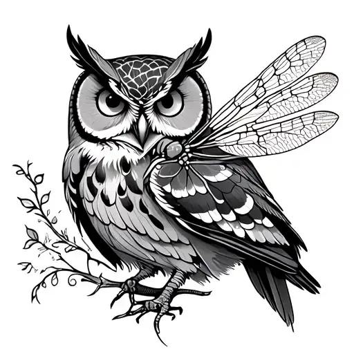 Fine Line Owl partial with dragonfly tattoo design idea