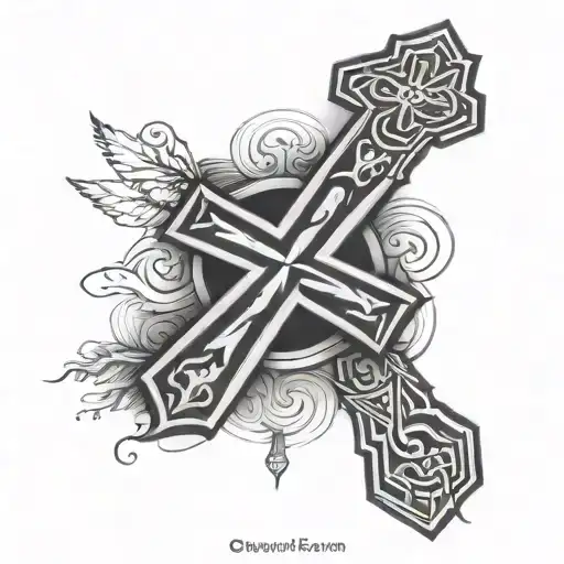black tattoo on the forearm closer to the wrist in the style of Maori and Orthodox cross, Jesus and in the style of Thailand, Ancient Greece tattoo design idea