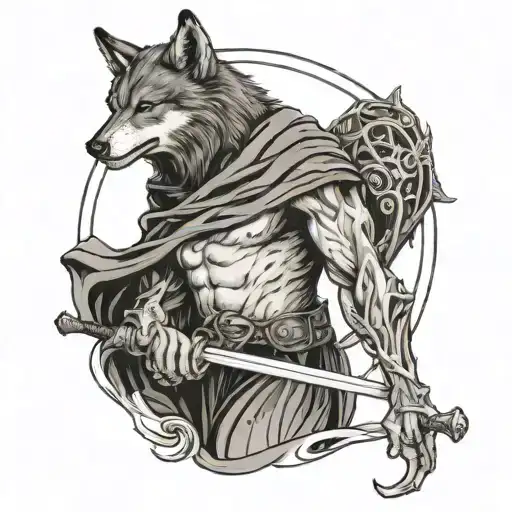 wolf, reaper holding a scythe, runen für arm tattoo design idea