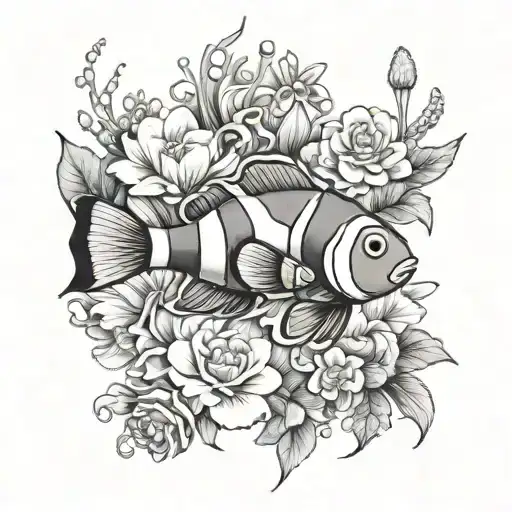 clownfish and flower tattoo design idea
