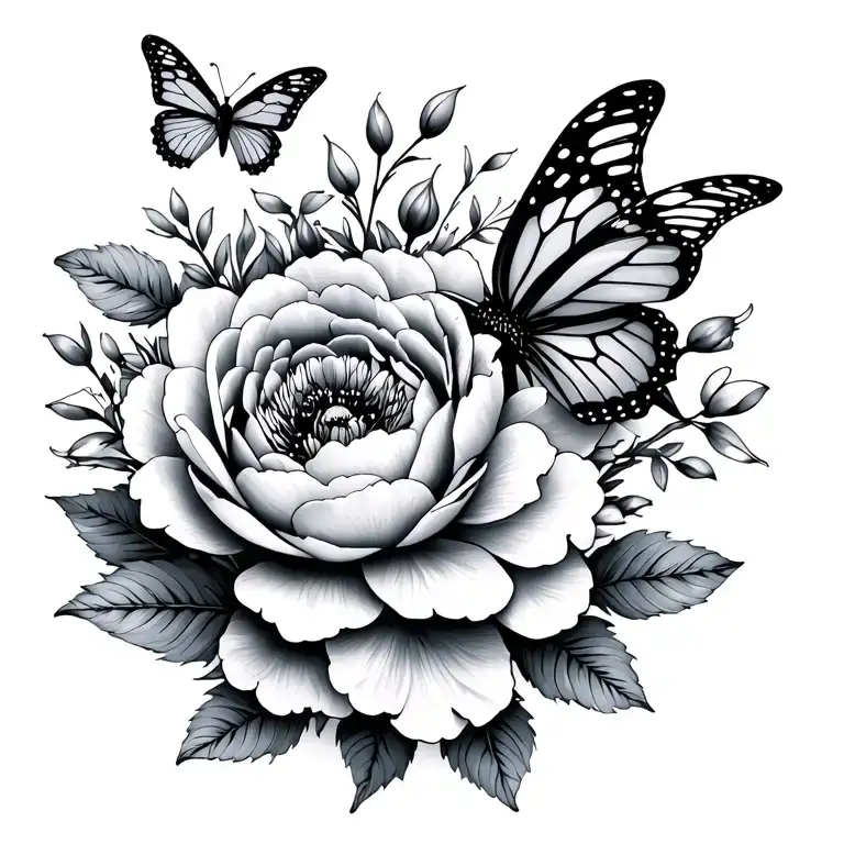little stitch and peonies and butterfly tattoo design idea