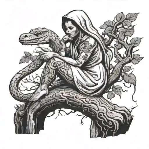 a sexy nude nun laying on a long tree stump that curves and turns. into a cobra serpent  tattoo design idea