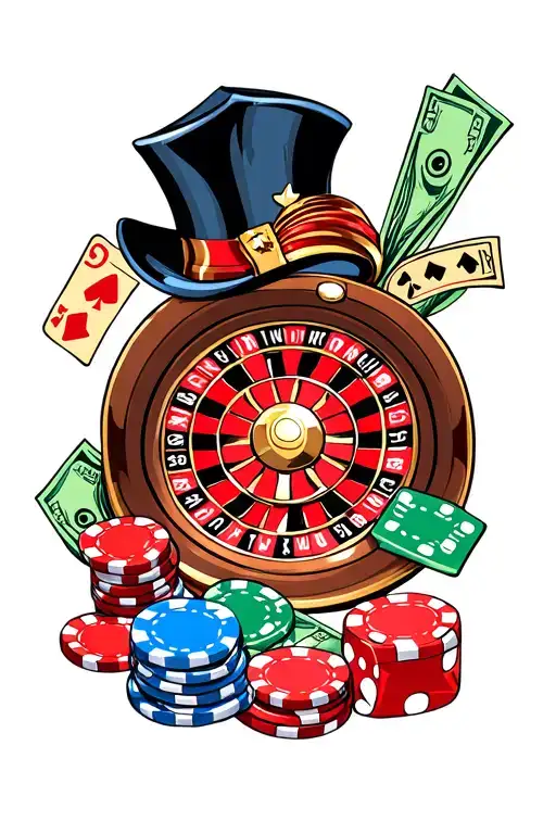 a tattoo sleve with a roulette wheel with poker chips and dice and money tattoo design idea