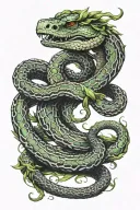 Create a tattoo design described as "a trimeresurus insularis snake wrapping/weaving around a Gemini zodiac symbol tattoo design idea