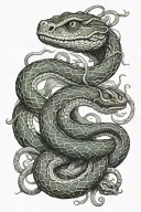 Create a tattoo design described as "a trimeresurus insularis snake wrapping/weaving around a Gemini zodiac symbol tattoo design idea