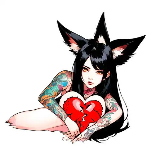 anime woman with black hair, tattoos, fox tail and fox ears stitching together a broken heart wrapped with fox tails tattoo design idea