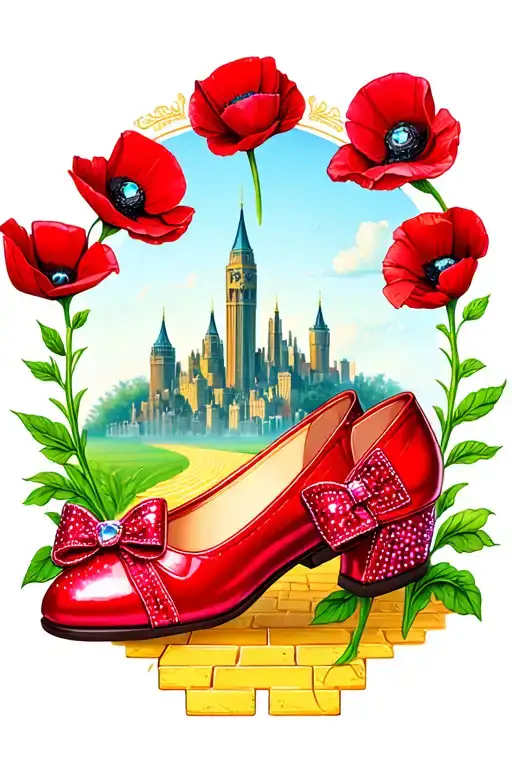 two sparkly flat red ruby shoes with bows on toe and the emerald city surrounded by poppies and yellow brick road tattoo design idea