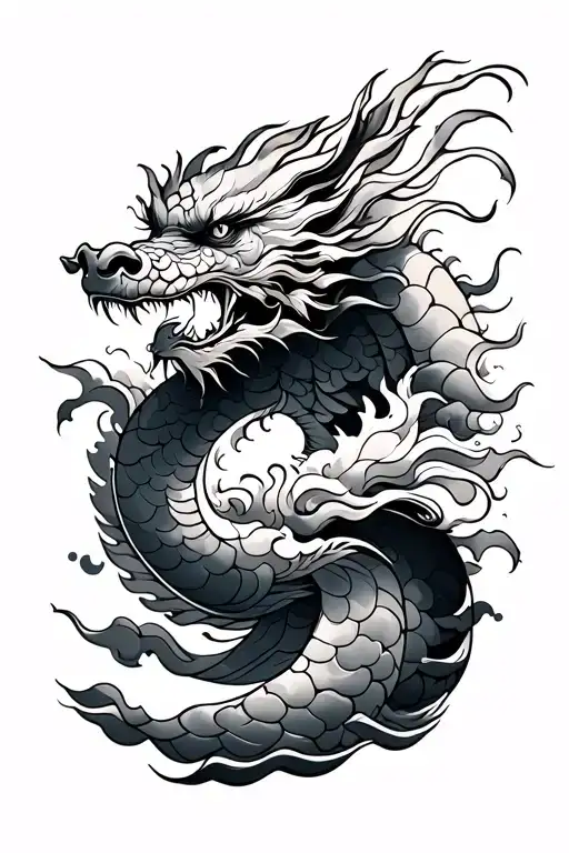 japanese dragon tattoo with waves, fish and clouds, scales leading up neck tattoo design idea