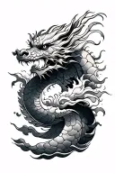 japanese dragon tattoo with waves, fish and clouds, scales leading up neck tattoo design idea