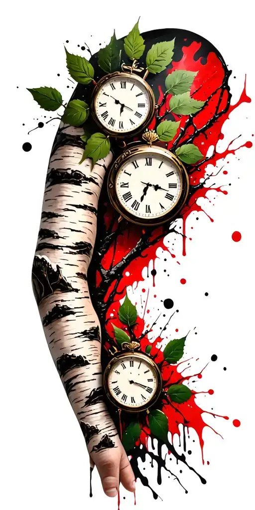 birch branches with hunter green leaves with only three clocks integrated into it for an arm sleeve tattoo design idea