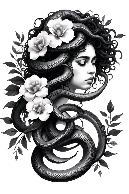 african american medusa with snakes flowers intertwined tattoo design idea
