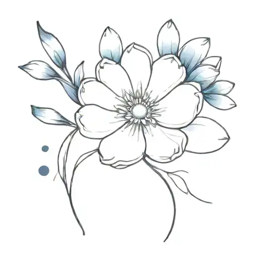 Daisy and flower and intertwined midnight blue Sakura petals and watercolor spots tattoo design idea