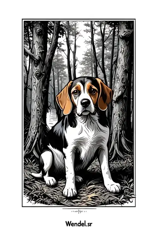 Wendell.sr surrounded by woods with a beagle dog sitting tattoo design idea