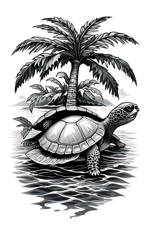 Ohana paired with Sagittarius arrow and hawaiian turtle with a palm tree on the top of the shell tattoo design idea