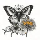 dandelion with small orange and black butterfly and small autism puzzle piece tattoo design idea