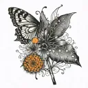 dandelion with small orange and black butterfly and small autism puzzle piece tattoo design idea