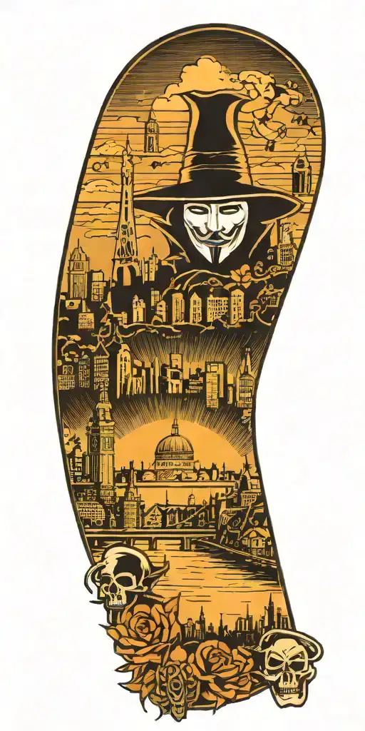 v for vendetta with city skyline in the background tattoo design idea