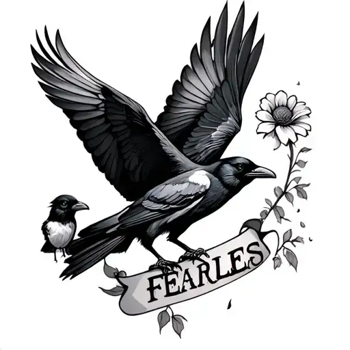  neck tatto of a crow breaking into little crow. flying holding a flower. turns into the word fearless tattoo design idea