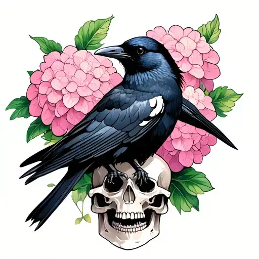 black crow sitting amongst a skull and pink hydrangeas in bloom tattoo design idea