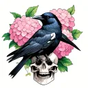black crow sitting amongst a skull and pink hydrangeas in bloom tattoo design idea