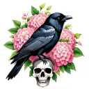 black crow sitting amongst a skull and pink hydrangeas in bloom tattoo design idea