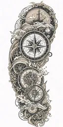 An adventurous tattoo design incorporating sailing and geography, showcasing a compass rose surrounded by nautical elements and world map details tattoo design idea