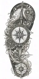 An adventurous tattoo design incorporating sailing and geography, showcasing a compass rose surrounded by nautical elements and world map details tattoo design idea
