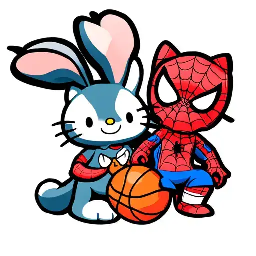 cartoon character Spiderman and bugz bunny with a basketball and karumi hello kitty tattoo design idea