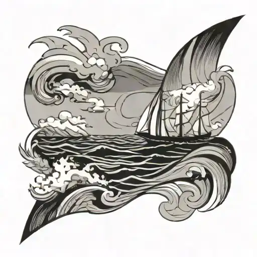 A abstract illustration of the Atlantic Ocean with a sailboat crossing from right to left.  tattoo design idea