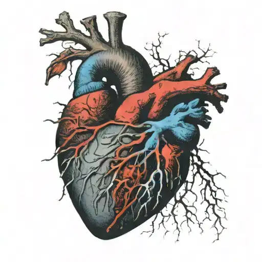 an anatomically correct heart drawing from an 1830s science textbook, but the veins in the heart are colorful lightning tattoo design idea