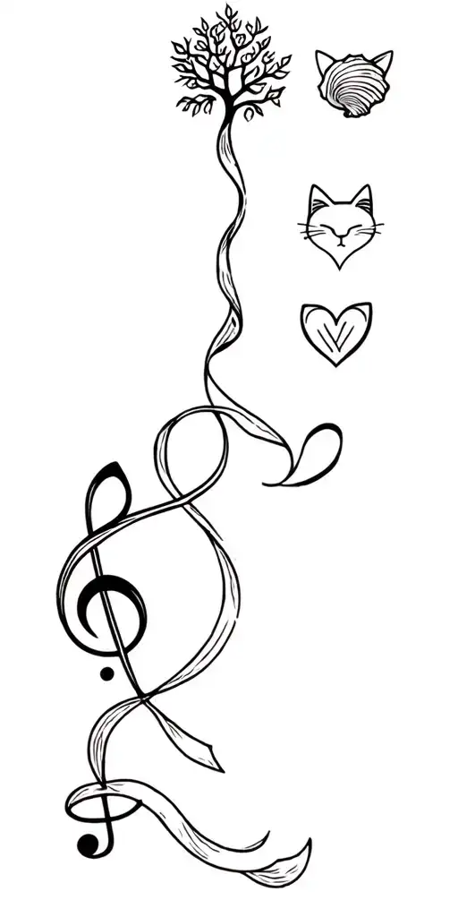 Minimalist tattoo for left arm including a tree, a treble clef, a sea shell, a heart, a ribbon and a cat face tattoo design idea