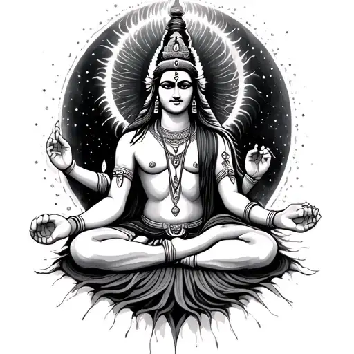 In the vast expanse of the cosmos, where time and space dissolve into an infinite dance of energy, Shiva sits in profoun tattoo design idea