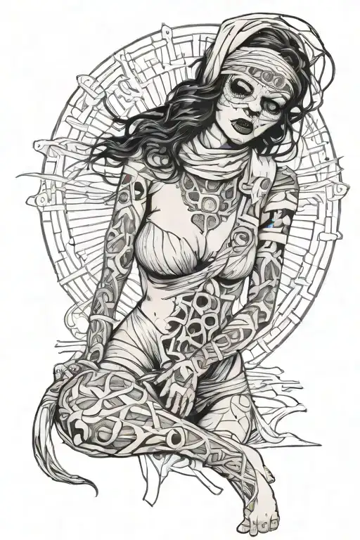 sexy girl mummy full length in bandages partially unwound, face is opened, black hair, face beautiful with chelsea smile tattoo design idea