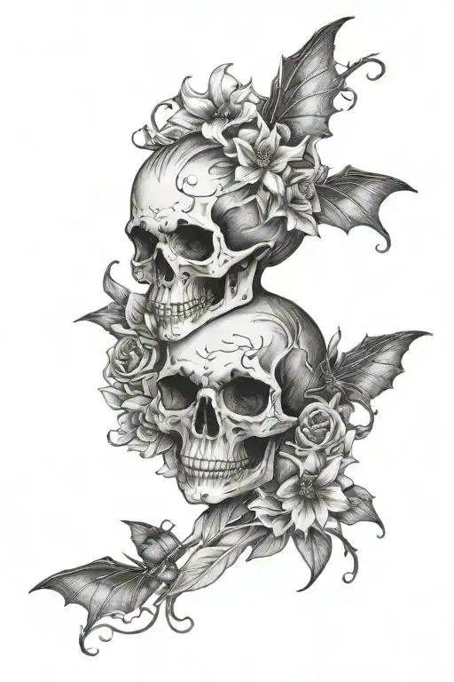 bat women ghost flower skull tattoo design idea