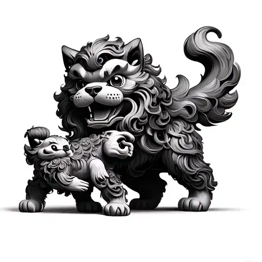 adult japanese foo dog protecting a baby foo dog tattoo design idea