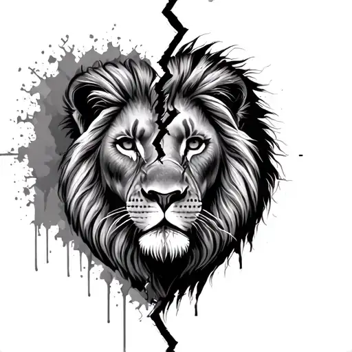 A tattoo template with a broken heart as a background in which there is half a lion that is supposed to look like Simba and the a tattoo design idea