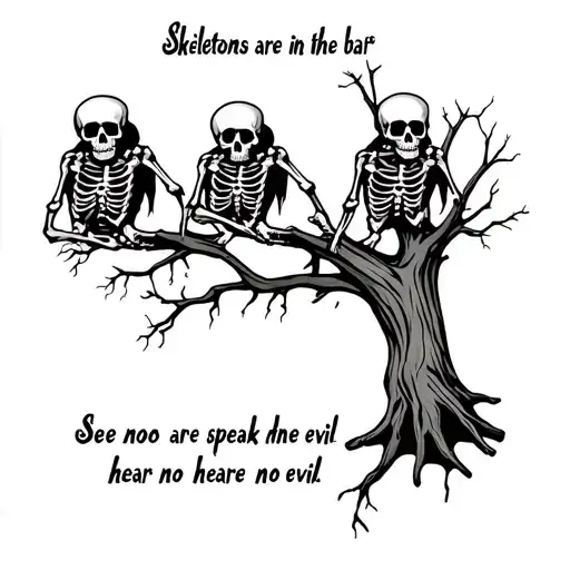 "Skeletons are in the bark" graveyard tree of life with see no evil speak no evil hear no evil skeletons on tree tattoo design idea
