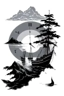 time, nautical sunset mountain tattoo design idea