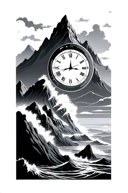 time, nautical sunset mountain tattoo design idea