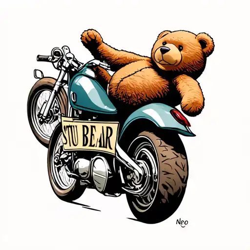 teddy bear on motor bike wheeling with STU BEAR underneath in cool font tattoo design idea