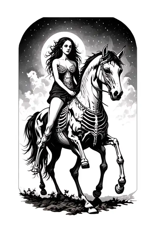 demon 4 horseman death lady riding skeletal horse tattoo design idea