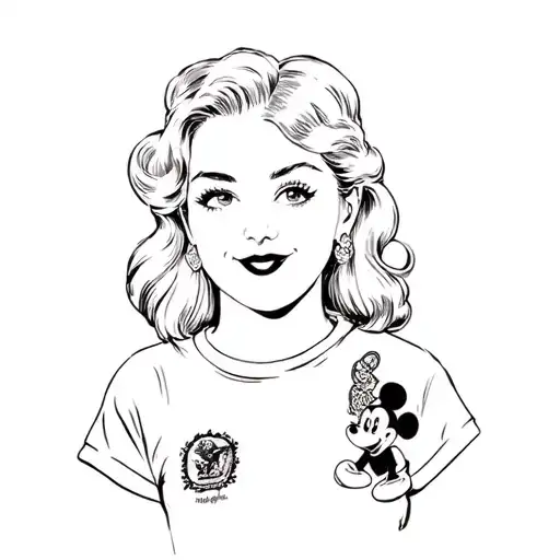 a woman wearing a shirt with a mickey mouse pin on it tattoo design idea