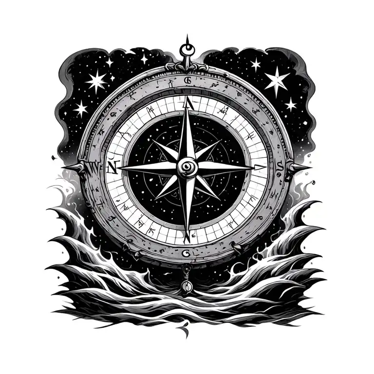 ancient nautical compass meets the stars signs true north in the torrent and mist and choas of the world tattoo design idea