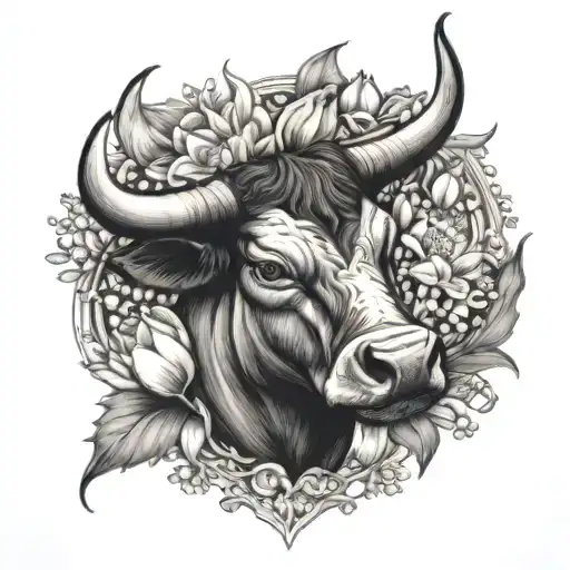 A tattoo with half a bull head, the other half covered with lily of the valley, tulips, and chrysanthemums tattoo design idea