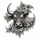 A tattoo with half a bull head, the other half covered with lily of the valley, tulips, and chrysanthemums tattoo design idea