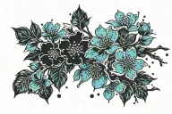 Cherry blossom petals falling, deep blue petals dark blue petals, light blue petals, black branch. Leo constellation, tattoo design idea